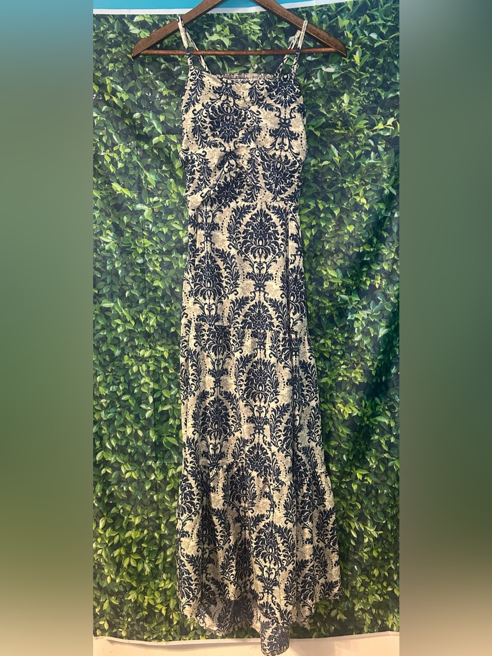 Blue and Cream Damask Maxi Dress with Spaghetti Straps